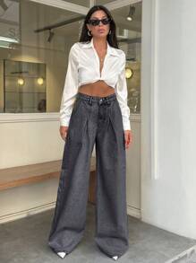 RueChic 100% Cotton HIGH WAIST WIDE LEG VINTAGE  JEAN - Dark Grey - View 6