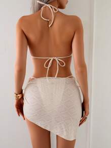 SHEIN Swim Summer Women's Casual Beach Halter Tie Bikini Set - Apricot - View 3