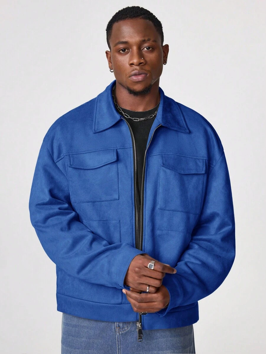 Manfinity VCAY Men's Solid Color Cargo Pocket Zip Front Long Sleeve Shacket, For Fall Winter - Navy Blue - View 1