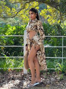 SHEIN SXY Early Spring Sexy Shirt Graphic Slit Shirt Dress - Brown - View 6