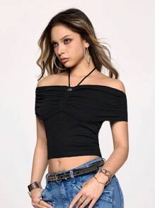 ROMWE 女士露肩褶皱针织毛衣 - 黑色 - 查看 5