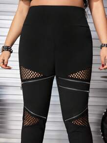 ROMWE Plus Size Women Gothic Five-Pointed Star Zipper Decor Hollow Out Patchwork Tight Elastic Leggings - Black - View 5