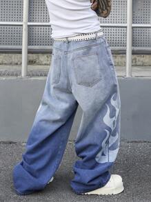 PAVTROS 男式复古浅蓝色破洞牛仔宽松阔腿裤，配涂鸦扎染效果图案 - 淺色水洗藍 - 查看 2