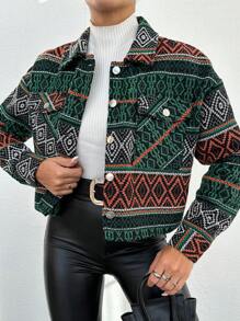 SHEIN Cottnline Women Spring/Autumn Casual Geometric Patterned Cropped Jacket - Multicolor - View 2
