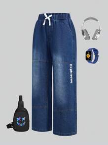 SHEIN Jeans de vestir casual lavado con estampado de letras para niño preadolescente