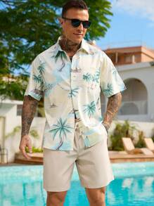 Manfinity RSRT 男士度假植物印花短袖衬衫和纯色短裤两件套，夏季休闲装，海滩，图案，度假，丈夫，色彩鲜艳