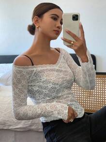 DAZY Solid Color Lace Slim Fit Open Shoulder Women's Blouse Festival Sheer,Fall Clothes Long Sleeve Top Off Shoulder Top - White - View 4