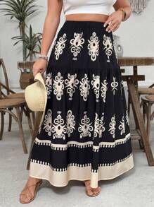 SHEIN VCAY 大码休闲假日复古印花半身裙