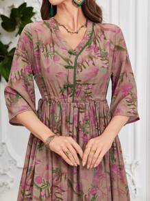 Lacomfia 女士植物印花七分袖长裙 - 彩色 - 查看 2