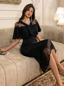 DAZY 女士二合一亮片拼接晚礼服舞会礼服优雅吊带裙新年除夕礼服嘉年华