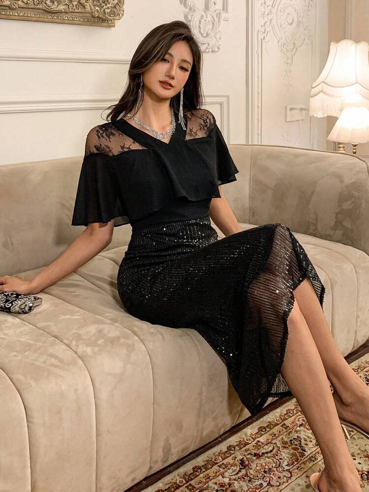 Women's 2 In 1 Sequin Patchwork Evening Party Dress Prom Dress Elegant Sundress New Year Eve Dress Carnival Sparkly Dress