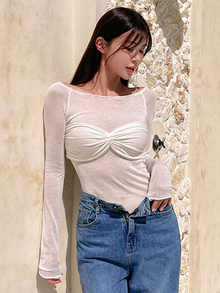 1 Pc Women Off-Shoulder Pleated Front Flare Sleeve Tight Sheer Knit Sweater Vacation Outfits Women