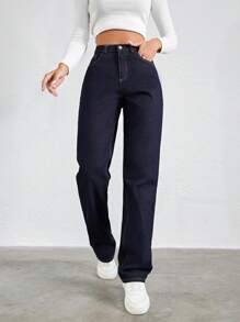 EURMUSE 100%Cotton Slant Pocket Straight Leg Jeans - Navy Blue - View 4