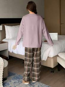 DAZY Cute Deer Pattern Loose Top + Plaid Pajama Pants 2 Pieces Loungewear Set - Mauve Purple - View 2