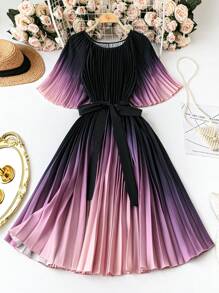 SHEIN Clasi Court Retro  Plus Size Front Tie-Up Gradient Plisse Asymmetric Hem Elegant Dress - Multicolor - View 1