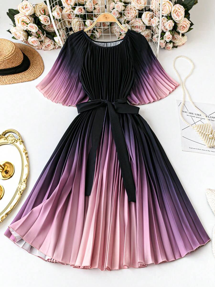 SHEIN Clasi Court Retro  Plus Size Front Tie-Up Gradient Plisse Asymmetric Hem Elegant Dress - Multicolor - View 1