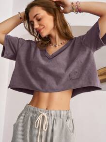 Bohemela Boho V-Neck Drop Shoulder Short Sleeve Women T-Shirt - Purple - View 4