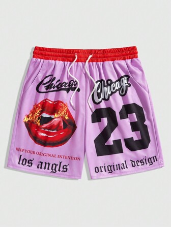 Prep Shorts casuales con estampado de labios y cordón de ajuste a la cintura para hombre, estilo futbol
