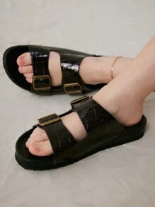 Solecia Casual Black Flat Sandals With Metal Square Buckle, Ideal For Vacation Spring Break Easter