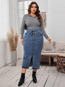 EMERY ROSE 大码女式口袋开衩下摆中长款铅笔牛仔半身裙 - 中等水洗藍 - 查看 6