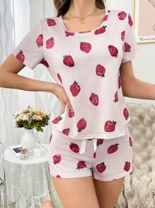 Strawberry Printed Sweet Women Pajama Set - Pink - View 5