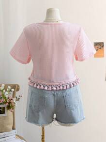 Soleia Plus Size Casual Solid Color Fringed Hem Short Sleeve T-Shirt - Pink - View 2