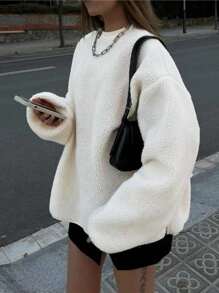 SHEIN EZwear 女士纯色圆领长袖简约卫衣，休闲日常套头衫，秋季款 - 米色 - 查看 1