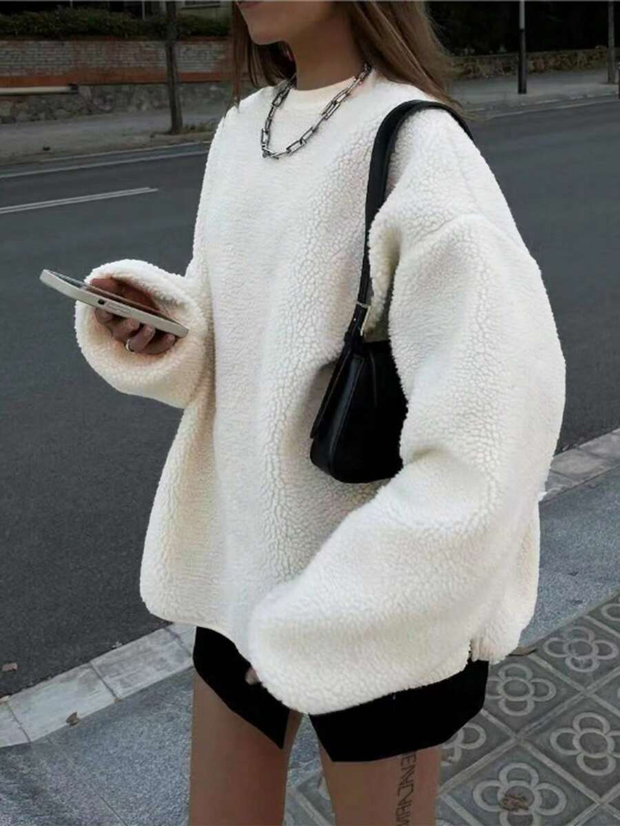 SHEIN EZwear 女士纯色圆领长袖简约卫衣，休闲日常套头衫，秋季款 - 米色 - 查看 1