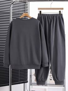 SHEIN Leap Crew 2pcs/Set Teen Boys Casual Letter & English Print Crew Neck Split Patchwork Hoodie And Drawstring Sweatpants Set, Thermal-Lined, Suitable For School Season, Autumn/Winter - Dark Grey - View 2