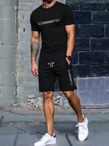 Manfinity Homme Set de 2 piezas con camiseta casual de cuello redondo de manga corta con estampado de letras y pantalones cortos con cordón en la cintura para hombre - Negro - Ver 1