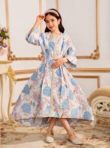 SHEIN Asymmetrisches Langarmkleid mit Blumen Muster für Tween-Mädchen, Rosa und Blau, modisch geeignet für Partys, Versammlungen, Ramadan, Frühling und Sommer