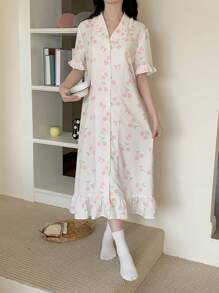 SHEIN Leap Crew 少女可爱蝴蝶结和樱桃图案马球领宽松睡袍，适合室内和室外穿着