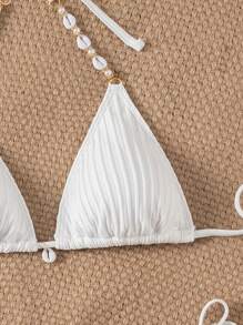 SHEIN Swim 2pcs Knit Pearl Shell Chain Link Casual Swimwear Set, Women Summer Vacation - White - View 6