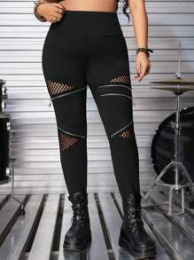 ROMWE Plus Size Women Gothic Five-Pointed Star Zipper Decor Hollow Out Patchwork Tight Elastic Leggings - Black - View 1