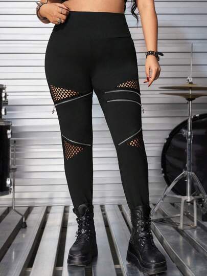 Plus Size Women Gothic Five-Pointed Star Zipper Decor Hollow Out Patchwork Tight Elastic Leggings