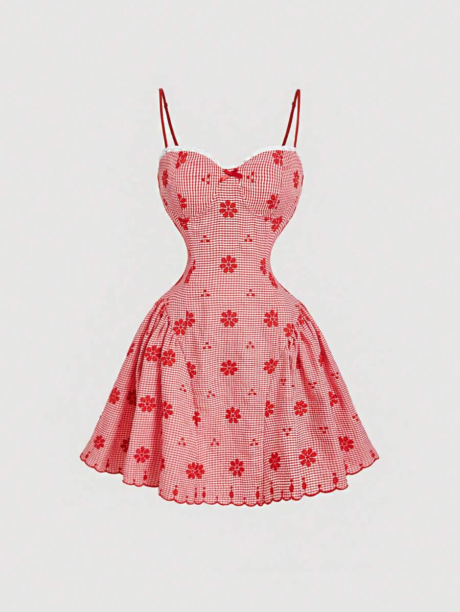 SHEIN MOD Spring Vintage Red Plaid Elegant Floral Embroidery Romantic Summer Dress For Women Vacation Outfits Woman Valentine's Day - Red - View 1