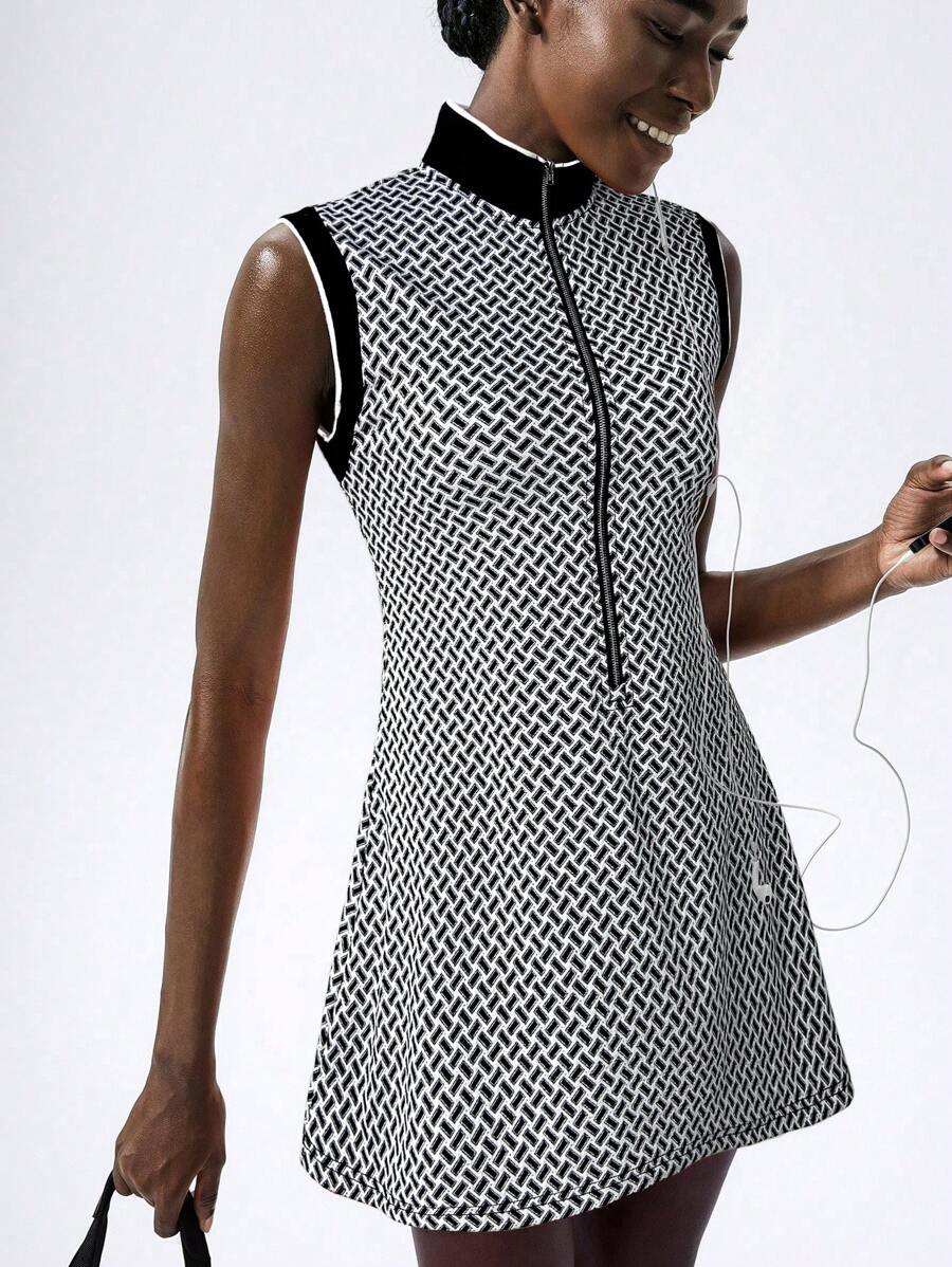 VARSITIE Retro Old Money Jacquard Turtleneck Sleeveless Zipper Slim Mini Dress Women Active Dresses - Black - View 1