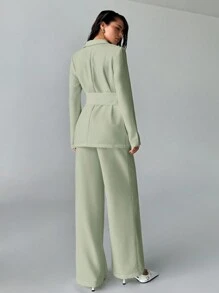 Aloruh 2pcs Women White Office Wear Suit Set: Solid Color Blazer Jacket And Dress Pants, Commuting Suit For Autumn/Winter - Green - View 2