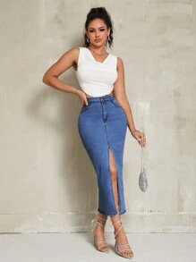 SHEIN SXY Casual Distressed Front Slit Fitted Denim Skirt - Blue - View 2