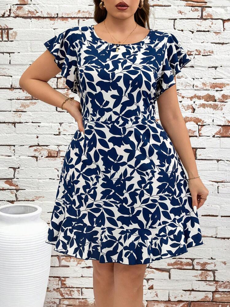 Reflora Vestido mini casual de manga corta con cuello redondo, estampado completo, talla grande y curvilínea para mujer en color azul, vestimenta de resort, vestimenta de verano, vestimenta casual de oficina, vestimenta para salir, vestimenta de oficina, vestimenta de primavera, vestimenta de vacaciones, vestido elegante, vestido azul para mujer, vestido casual - Azul y blanco - Añade 5