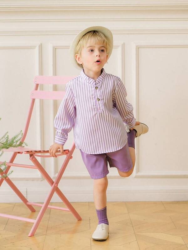 Souflis Souflis 2pcs Young Boy Fashionable Purple & White Striped Buttoned Sweater Top And Purple Shorts Set, Spring And Summer Casual Outfit Sets