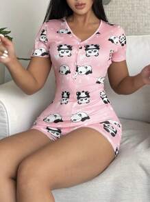 女士可爱熊猫心形印花睡衣 - 彩色 - 查看 5