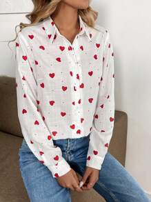 Chiquease Áo dài tay họa tiết sọc trái tim thanh lịch dành cho nữ ngày lễ tình nhân - trắng - Xem 5