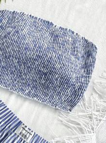 SHEIN Unity 女士休闲条纹抹胸上衣和配套条纹短裤 2 件套，适合春夏季度假、日常穿着 - 藍色 - 查看 5