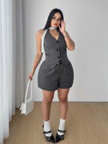 Flirla Conjunto casual de 2 piezas de top halter de un botón a rayas y shorts para mujer talla grande - Multicolor - Ver 4