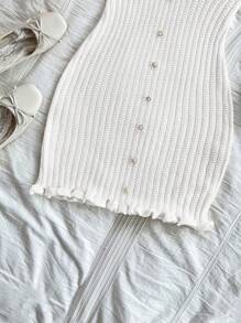 Soleia Sexy & Comfortable Fitted Knitted Dress With Button & Ruffle Hem, Camisole Style - White - View 4