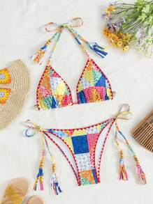 SHEIN Swim Summer Women's Cute & Energetic Patchwork Print Bikini Set