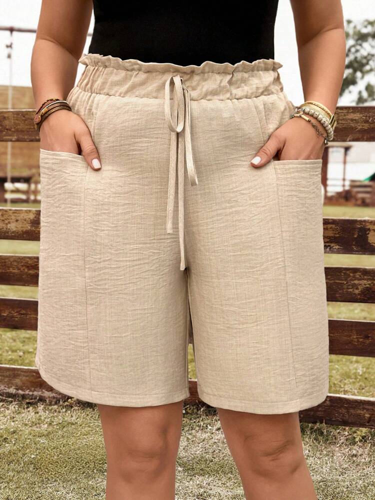 Plus Size Linen Color Shorts For Women, Summer Double Pockets Bandage Comfy Shorts, Vacation Woman, Women Loose Boho Bermuda Shorts, Western Wear Women, Casual Everyday Wear, Spring