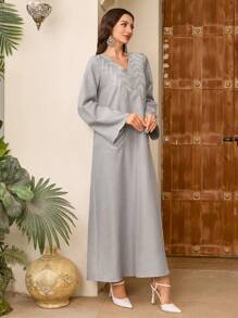 Al Najma Women's V-Neck Long Sleeve Pocket Plant Embroidery Arabic Style Dress, Kaftan & Jalabiya,Modest