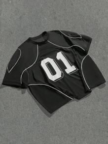 EASEVO 大码男士宽松休闲网眼圆领印花短袖篮球T恤，夏季 - 黑色 - 查看 1